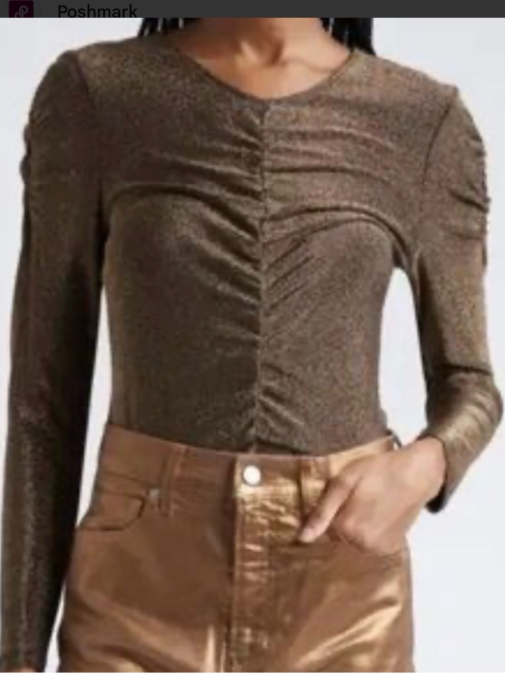 Veronica Beard Bronze Gold Metallic Ruched Long-Sleeve Neeta Top